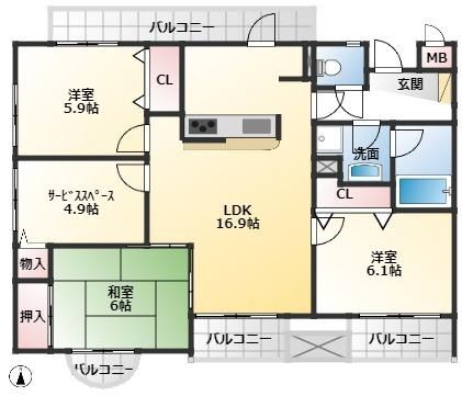 専有面積84.05m2、バルコニー面積13.84m2、3SLDK