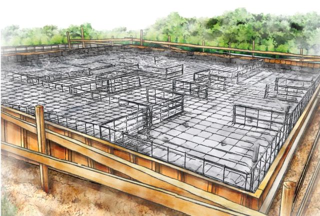 ベタ基礎は、コンクリートで建物の下一面を支える工法。基礎鉄筋を張り強度を強めたベタ基礎の耐圧盤を1階の床下全面に施工し、広い耐圧盤の面で建物の荷重を地盤に伝えます。